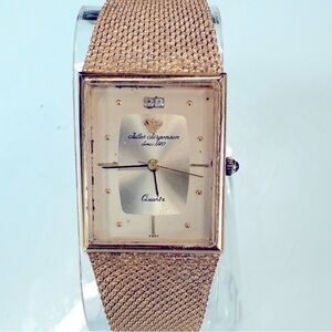 Vintage Jules Jurgensen Tank Watch Gold Tone Mesh Band diamond accent